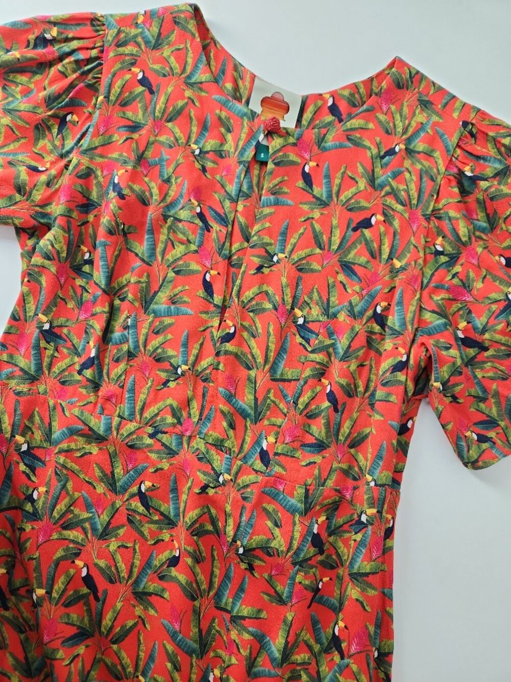 FARM Rio Tucano Paradise Midi Dress tropical parrots palm leaves print size S - Picture 2 of 15